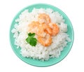 White rice with shrimps in blue bowl isolated on white background. top view Royalty Free Stock Photo