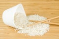 White rice spill out of wite ceramic bowl with two bamboo sticks