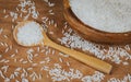 White rice Thai Jasmine rice in wooden bowl with vintage filter , selective focus Royalty Free Stock Photo