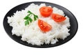 White rice with tomato in black bowl isolated on white background Royalty Free Stock Photo