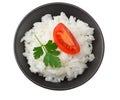 White rice with tomato in black bowl isolated on white background. top view Royalty Free Stock Photo