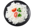 White rice with tomato in black bowl isolated on white background. top view Royalty Free Stock Photo