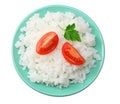 White rice with tomato in blue bowl isolated on white background. top view Royalty Free Stock Photo