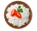 White rice with tomato in brown bowl isolated on white background. top view Royalty Free Stock Photo