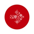 white right arrow made of snowflakes and stars. Vector icon isolated on red background.