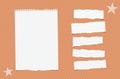White ripped lined paper strips, sheet, notebook, note for text or message stuck tape on orange squared background.