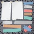 White ripped notebook, note paper, colorful sticky adhesive, tape for text or message on gray background with alphabet