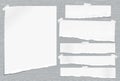 White ripped notebook paper, torn note paper strips stuck on grey stained background. Vector illustration
