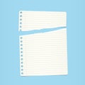 White ripped ruled note, notebook paper on blue background