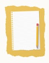 White ripped ruled notebook paper sheet are on yellow background with wooden pencil