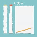 White ripped strips, copybook, notebook paper with pencil for note or text stuck with sticky tape and stars on turquoise