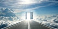 White road of light through a tunnel of doors in the clouds Royalty Free Stock Photo