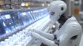 White robot analyzing data on advanced control panel