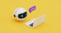 White Robot with Blue Eyes Interacting with Laptop and Chat Bubble artificial intelligence chatbot Royalty Free Stock Photo