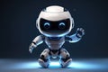 White robot with blue eyes standing in dark environment. This image can be used to depict technology, artificial intelli Royalty Free Stock Photo