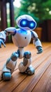 A white robot with blue eyes standing on a wooden floor. Generative AI image. Royalty Free Stock Photo