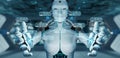 White robot on blurred background hacking and accessing private Royalty Free Stock Photo