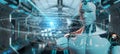White robot using digital sphere connection hologram 3D rendering Royalty Free Stock Photo