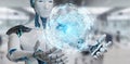 White robot using digital triangle exploding sphere hologram 3D Royalty Free Stock Photo