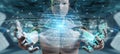 White robot using digital triangle exploding sphere hologram 3D Royalty Free Stock Photo