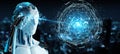 White robot using digital triangle exploding sphere hologram 3D Royalty Free Stock Photo