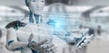 White robot using digital triangle exploding sphere hologram 3D Royalty Free Stock Photo