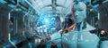 White robot using digital triangle exploding sphere hologram 3D Royalty Free Stock Photo