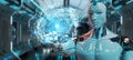 White robot using digital triangle exploding sphere hologram 3D Royalty Free Stock Photo