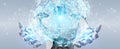 White robot using digital triangle exploding sphere hologram 3D Royalty Free Stock Photo