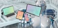 White robot connecting modern smartphone tablet laptop and computer 3D rendering Royalty Free Stock Photo