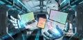 White robot connecting modern smartphone tablet laptop and computer 3D rendering Royalty Free Stock Photo