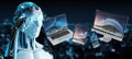 White robot connecting modern smartphone tablet laptop and computer 3D rendering Royalty Free Stock Photo