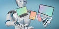 White robot connecting modern smartphone tablet laptop and computer 3D rendering Royalty Free Stock Photo