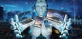 White robot connecting modern smartphone tablet laptop and computer 3D rendering Royalty Free Stock Photo