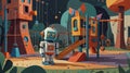 White Robot Exploring Colorful Futuristic Playground with Slides and Swings at Night