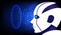 White robot with futuristic UI on dark background