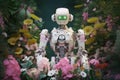 White robot with green eyes in a lush, colorful garden of blooming flowers, contrast of technology and nature