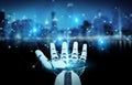 White robot hand using digital network connection 3D rendering Royalty Free Stock Photo