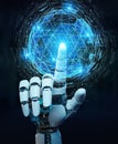 White robot hand using digital triangle exploding sphere hologram 3D rendering Royalty Free Stock Photo