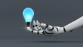 White robot hand make power to light bulb, technology assistant for creative, 3d rendering Royalty Free Stock Photo