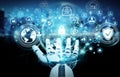 White robot hand using cyber security data interface 3D rendering Royalty Free Stock Photo