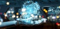 White robot hand using digital triangle exploding sphere hologram 3D rendering Royalty Free Stock Photo