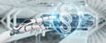 White robot hand using law paragraph digital hologram 3D rendering Royalty Free Stock Photo