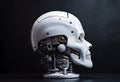 White robot head skull with steel parts inside side close up