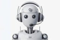 white robot in headphones with a microphone call center worker isolated on solid white background. ai generative