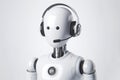 white robot in headphones with a microphone call center worker isolated on solid white background. ai generative