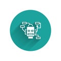 White Robot icon isolated with long shadow. Artificial intelligence, machine learning, cloud computing. Green circle Royalty Free Stock Photo