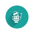 White Robot icon isolated with long shadow. Artificial intelligence, machine learning, cloud computing. Green circle Royalty Free Stock Photo