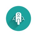 White Robot icon isolated with long shadow. Artificial intelligence, machine learning, cloud computing. Green circle Royalty Free Stock Photo