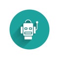 White Robot icon isolated with long shadow. Artificial intelligence, machine learning, cloud computing. Green circle Royalty Free Stock Photo